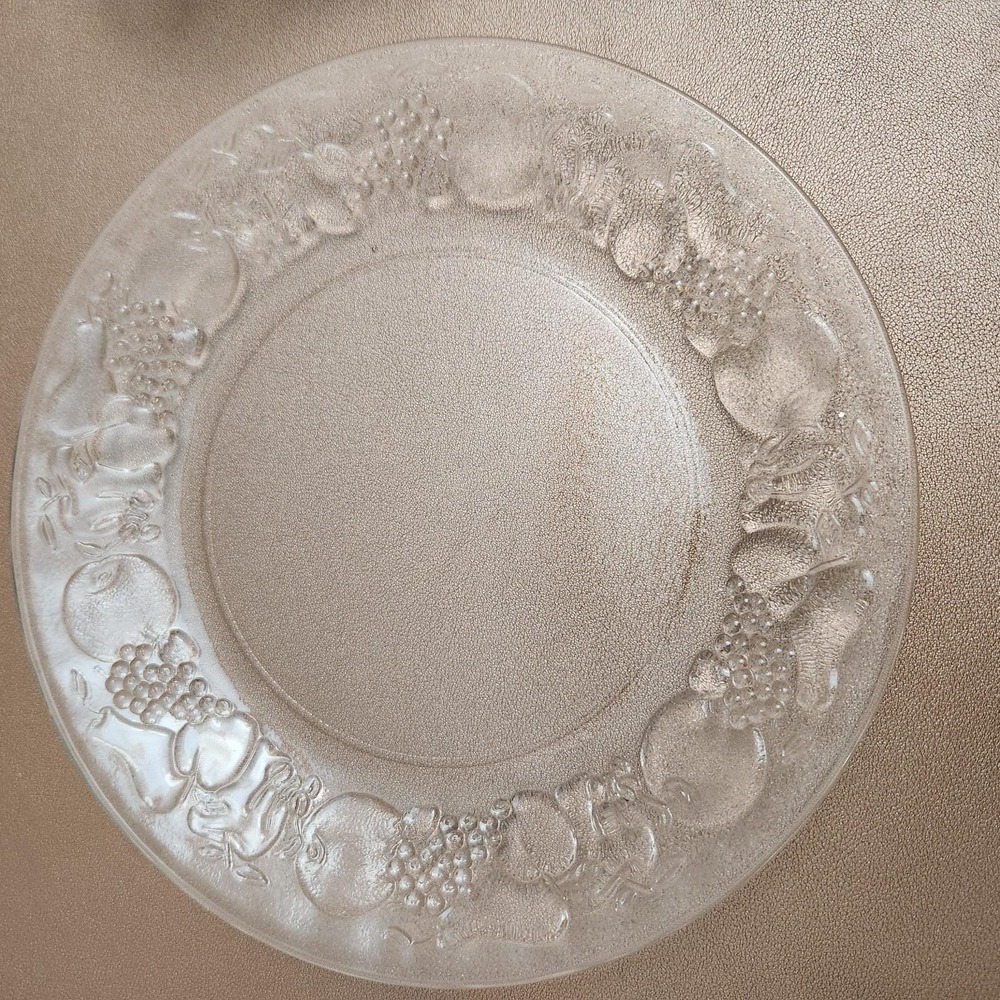 S/2 Vtg Libbey Orchard Fruit Clear Glass Embossed Luncheon Plates 9"  EUC